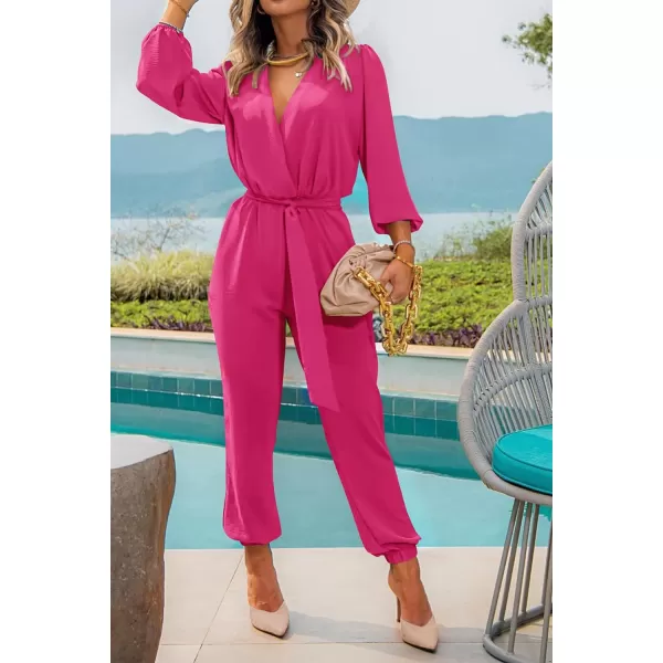 imagePRETTYGARDEN Womens 2023 Fall Jumpsuits Casual Dressy One Piece Outfits V Neck Long Sleeve Belt Pockets Long Pants RomperRose Red