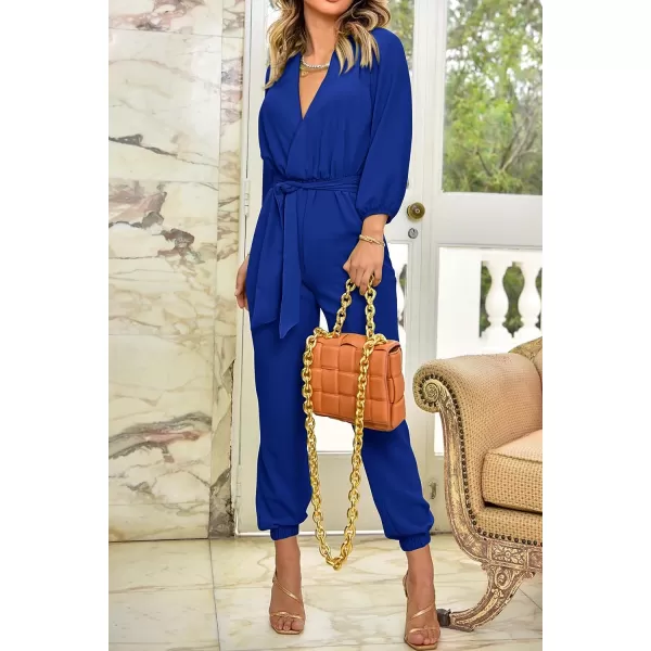imagePRETTYGARDEN Womens 2023 Fall Jumpsuits Casual Dressy One Piece Outfits V Neck Long Sleeve Belt Pockets Long Pants RomperRoyal Blue