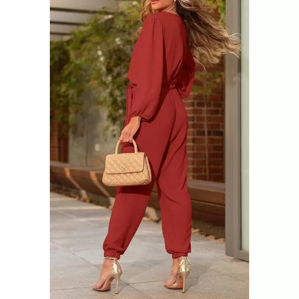 imagePRETTYGARDEN Womens 2023 Fall Jumpsuits Casual Dressy One Piece Outfits V Neck Long Sleeve Belt Pockets Long Pants RomperRust Red