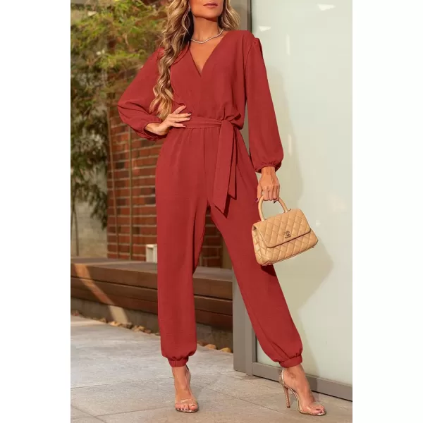 imagePRETTYGARDEN Womens 2023 Fall Jumpsuits Casual Dressy One Piece Outfits V Neck Long Sleeve Belt Pockets Long Pants RomperRust Red