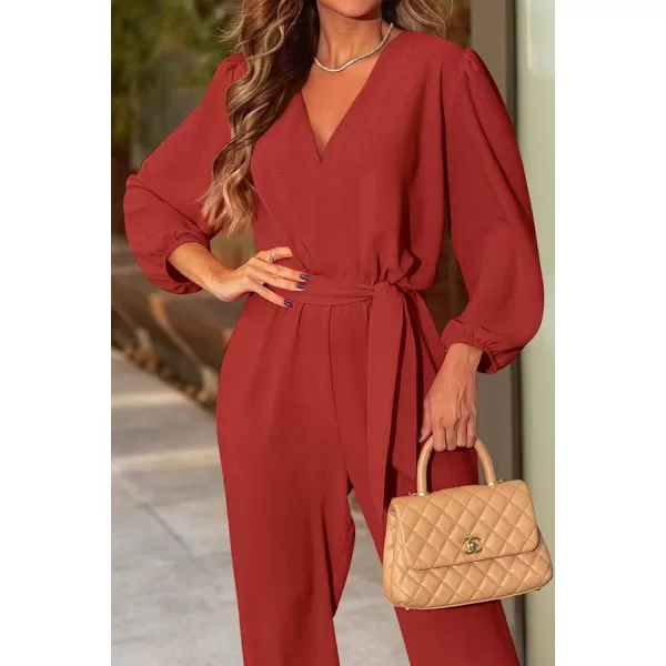imagePRETTYGARDEN Womens 2023 Fall Jumpsuits Casual Dressy One Piece Outfits V Neck Long Sleeve Belt Pockets Long Pants RomperRust Red