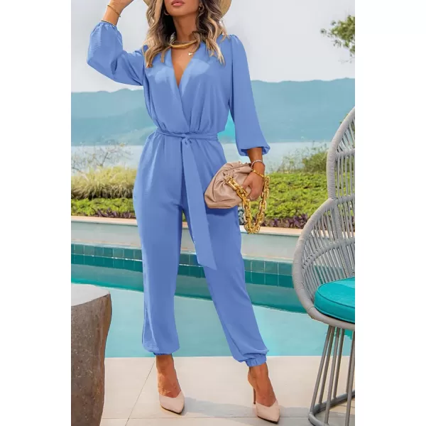 imagePRETTYGARDEN Womens 2023 Fall Jumpsuits Casual Dressy One Piece Outfits V Neck Long Sleeve Belt Pockets Long Pants RomperSky Blue