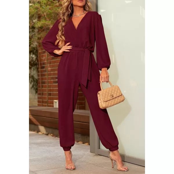 imagePRETTYGARDEN Womens 2023 Fall Jumpsuits Casual Dressy One Piece Outfits V Neck Long Sleeve Belt Pockets Long Pants RomperWine Red