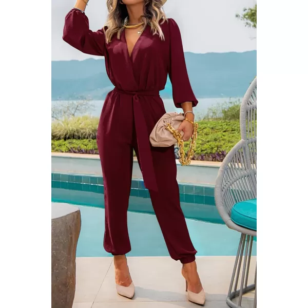 imagePRETTYGARDEN Womens 2023 Fall Jumpsuits Casual Dressy One Piece Outfits V Neck Long Sleeve Belt Pockets Long Pants RomperWine Red
