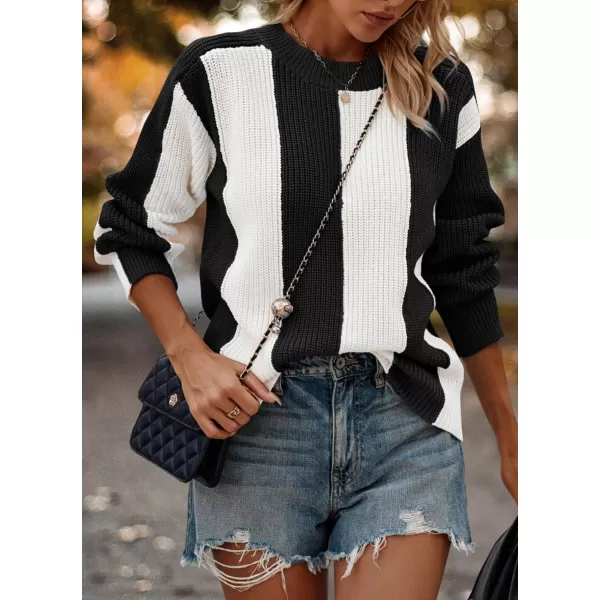 imagePRETTYGARDEN Womens 2023 Fall Knit Pullover Sweater Casual Long Sleeve Color Block Jumper Blouse TopsBlack
