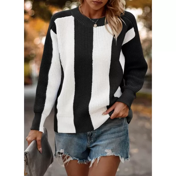 imagePRETTYGARDEN Womens 2023 Fall Knit Pullover Sweater Casual Long Sleeve Color Block Jumper Blouse TopsBlack