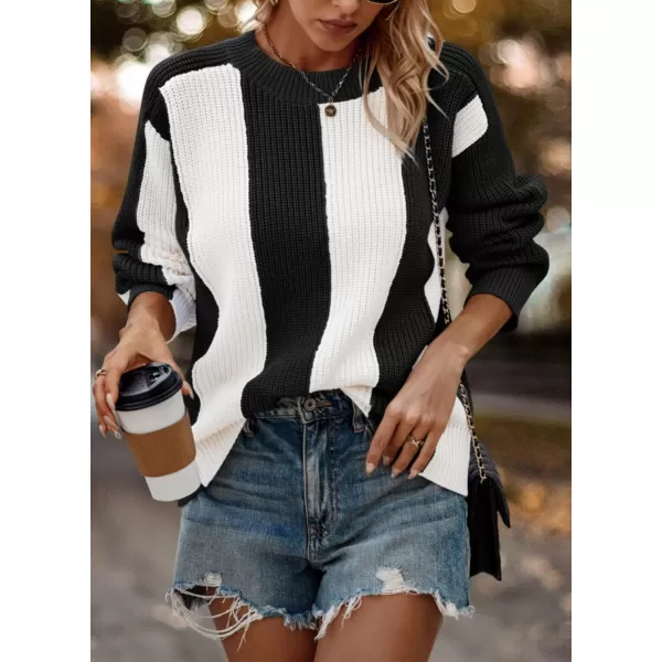 imagePRETTYGARDEN Womens 2023 Fall Knit Pullover Sweater Casual Long Sleeve Color Block Jumper Blouse TopsBlack