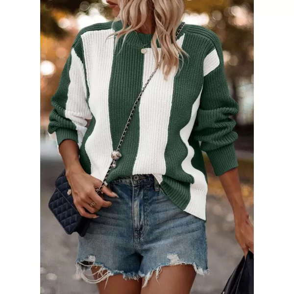 imagePRETTYGARDEN Womens 2023 Fall Knit Pullover Sweater Casual Long Sleeve Color Block Jumper Blouse TopsGreen