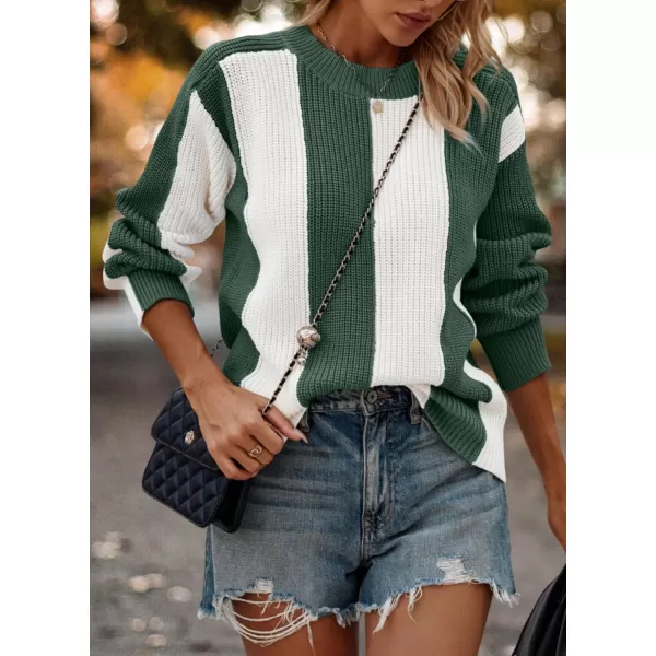 imagePRETTYGARDEN Womens 2023 Fall Knit Pullover Sweater Casual Long Sleeve Color Block Jumper Blouse TopsGreen