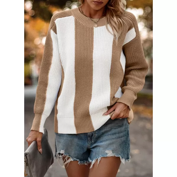 imagePRETTYGARDEN Womens 2023 Fall Knit Pullover Sweater Casual Long Sleeve Color Block Jumper Blouse TopsLight Camel