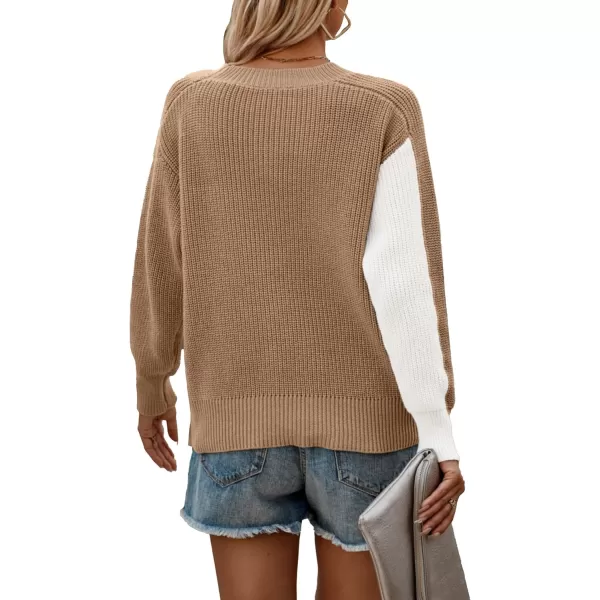 imagePRETTYGARDEN Womens 2023 Fall Knit Pullover Sweater Casual Long Sleeve Color Block Jumper Blouse TopsLight Camel