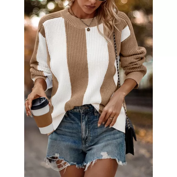 imagePRETTYGARDEN Womens 2023 Fall Knit Pullover Sweater Casual Long Sleeve Color Block Jumper Blouse TopsLight Camel