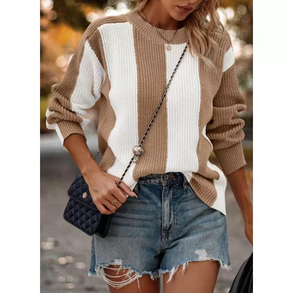 imagePRETTYGARDEN Womens 2023 Fall Knit Pullover Sweater Casual Long Sleeve Color Block Jumper Blouse TopsLight Camel
