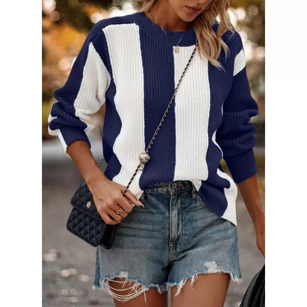 imagePRETTYGARDEN Womens 2023 Fall Knit Pullover Sweater Casual Long Sleeve Color Block Jumper Blouse TopsNavy