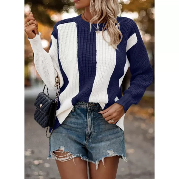 imagePRETTYGARDEN Womens 2023 Fall Knit Pullover Sweater Casual Long Sleeve Color Block Jumper Blouse TopsNavy