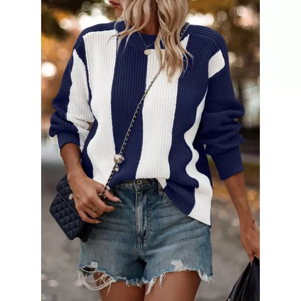 imagePRETTYGARDEN Womens 2023 Fall Knit Pullover Sweater Casual Long Sleeve Color Block Jumper Blouse TopsNavy