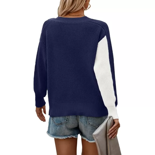 imagePRETTYGARDEN Womens 2023 Fall Knit Pullover Sweater Casual Long Sleeve Color Block Jumper Blouse TopsNavy