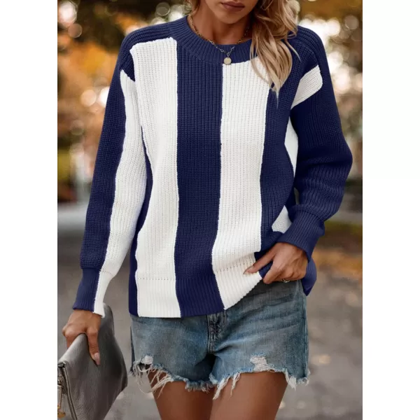 imagePRETTYGARDEN Womens 2023 Fall Knit Pullover Sweater Casual Long Sleeve Color Block Jumper Blouse TopsNavy