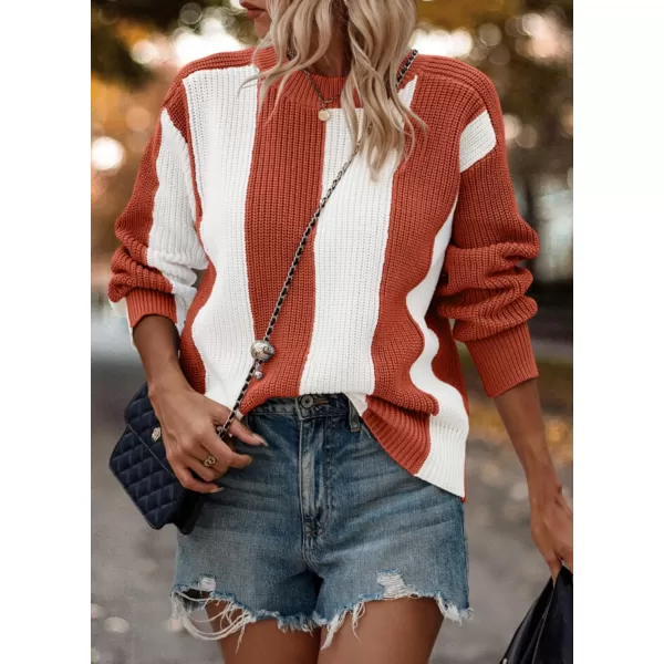 imagePRETTYGARDEN Womens 2023 Fall Knit Pullover Sweater Casual Long Sleeve Color Block Jumper Blouse TopsRust Red