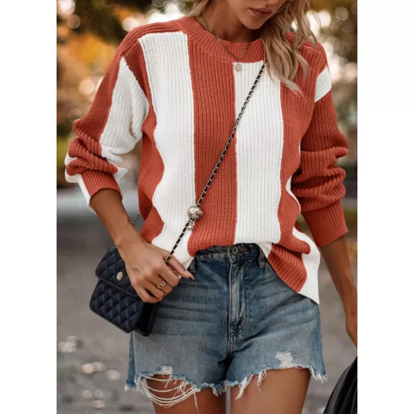 imagePRETTYGARDEN Womens 2023 Fall Knit Pullover Sweater Casual Long Sleeve Color Block Jumper Blouse TopsRust Red