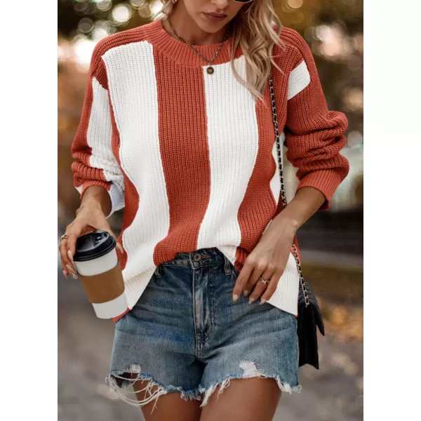 imagePRETTYGARDEN Womens 2023 Fall Knit Pullover Sweater Casual Long Sleeve Color Block Jumper Blouse TopsRust Red