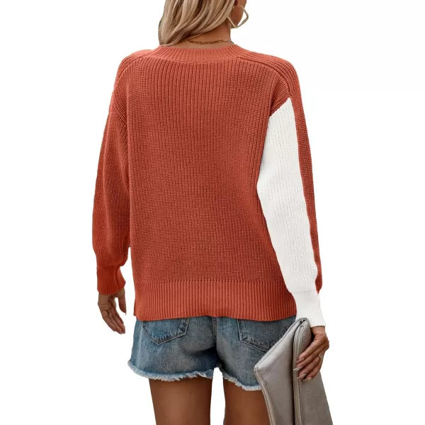 imagePRETTYGARDEN Womens 2023 Fall Knit Pullover Sweater Casual Long Sleeve Color Block Jumper Blouse TopsRust Red