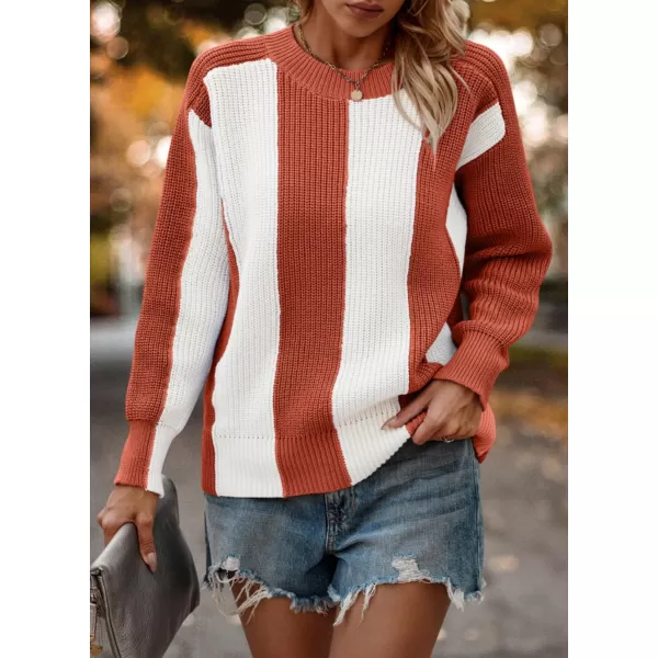 imagePRETTYGARDEN Womens 2023 Fall Knit Pullover Sweater Casual Long Sleeve Color Block Jumper Blouse TopsRust Red