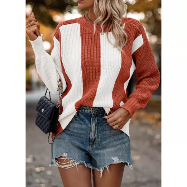 imagePRETTYGARDEN Womens 2023 Fall Knit Pullover Sweater Casual Long Sleeve Color Block Jumper Blouse TopsRust Red