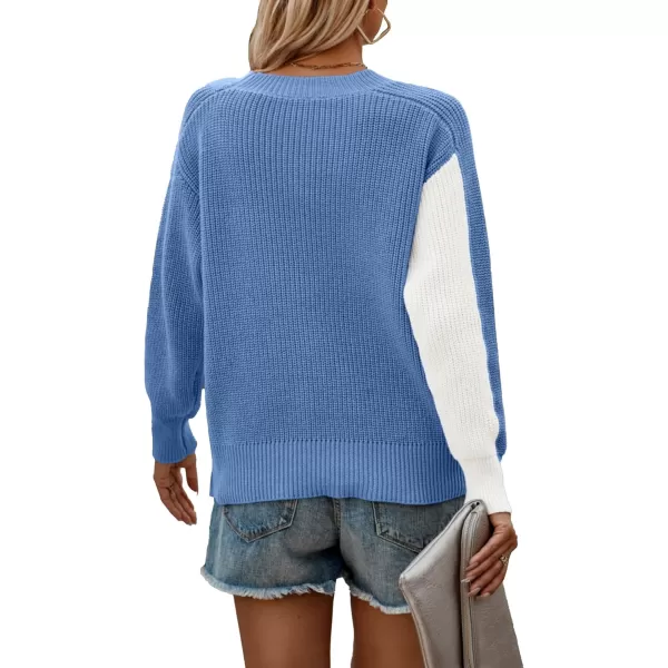 imagePRETTYGARDEN Womens 2023 Fall Knit Pullover Sweater Casual Long Sleeve Color Block Jumper Blouse TopsSky Blue