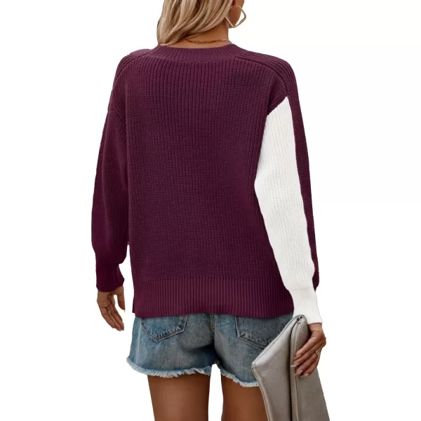 imagePRETTYGARDEN Womens 2023 Fall Knit Pullover Sweater Casual Long Sleeve Color Block Jumper Blouse TopsWine Red