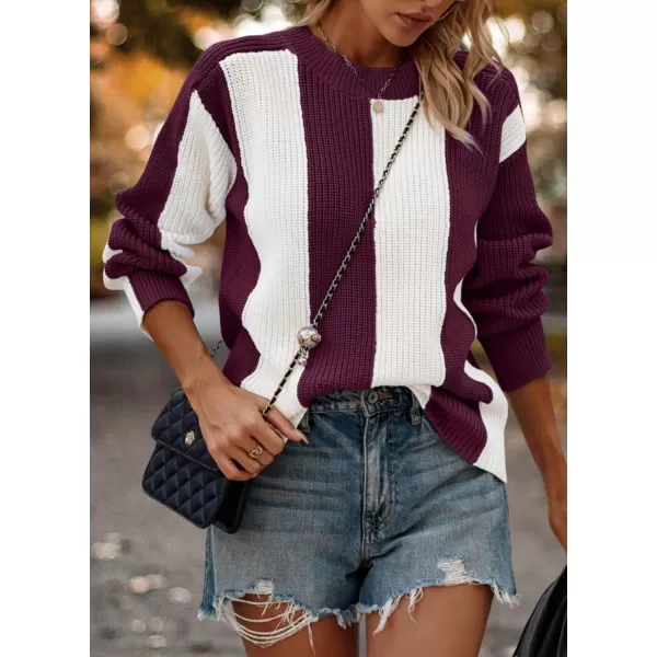 imagePRETTYGARDEN Womens 2023 Fall Knit Pullover Sweater Casual Long Sleeve Color Block Jumper Blouse TopsWine Red