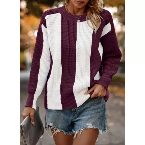 imagePRETTYGARDEN Womens 2023 Fall Knit Pullover Sweater Casual Long Sleeve Color Block Jumper Blouse TopsWine Red