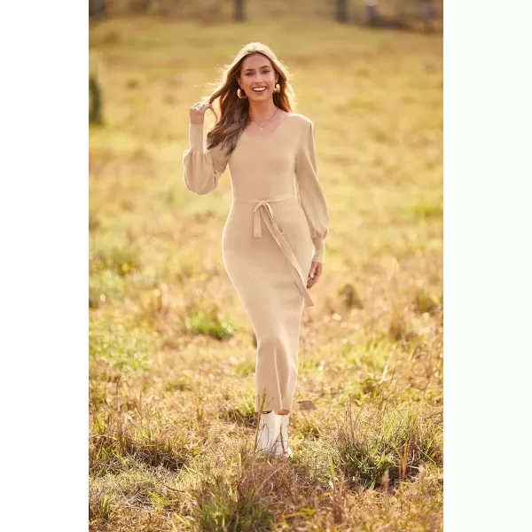 imagePRETTYGARDEN Womens 2023 Fall Knit Pullover Sweater Elegant Long Lantern Sleeve V Neck Maxi DressApricot