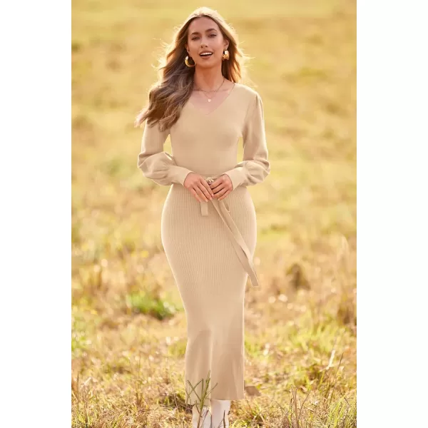imagePRETTYGARDEN Womens 2023 Fall Knit Pullover Sweater Elegant Long Lantern Sleeve V Neck Maxi DressApricot