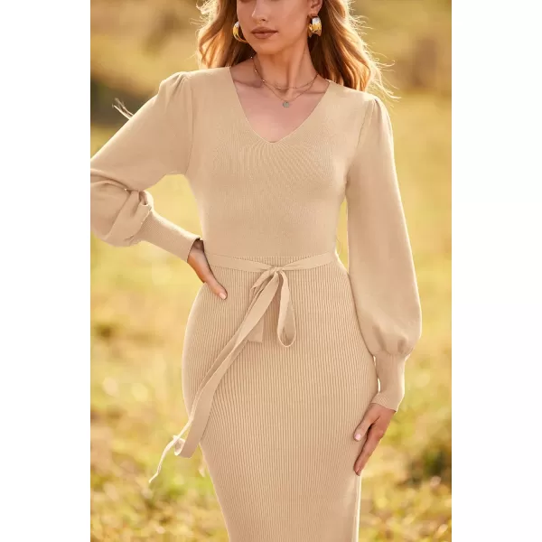 imagePRETTYGARDEN Womens 2023 Fall Knit Pullover Sweater Elegant Long Lantern Sleeve V Neck Maxi DressApricot