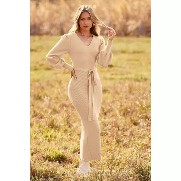 imagePRETTYGARDEN Womens 2023 Fall Knit Pullover Sweater Elegant Long Lantern Sleeve V Neck Maxi DressApricot