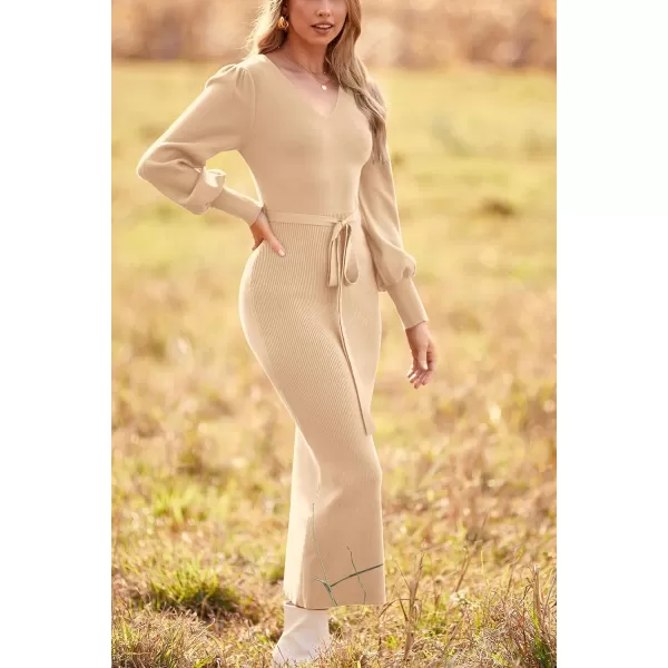 imagePRETTYGARDEN Womens 2023 Fall Knit Pullover Sweater Elegant Long Lantern Sleeve V Neck Maxi DressApricot