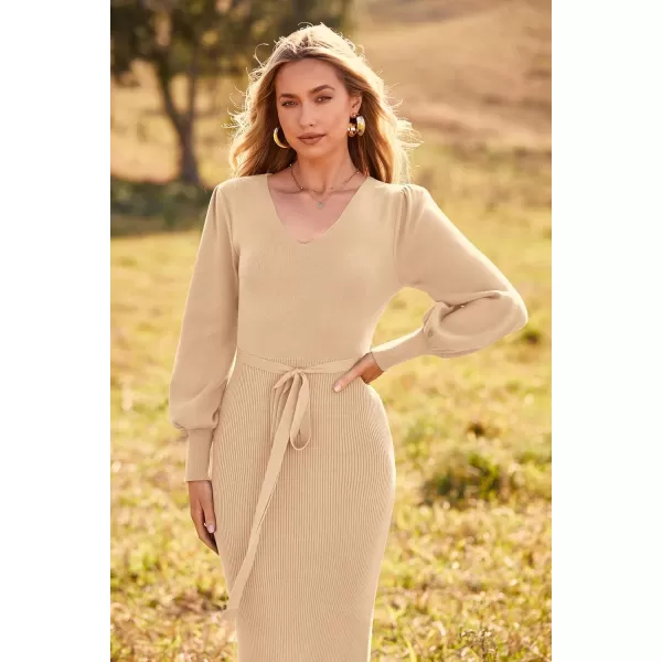 imagePRETTYGARDEN Womens 2023 Fall Knit Pullover Sweater Elegant Long Lantern Sleeve V Neck Maxi DressApricot