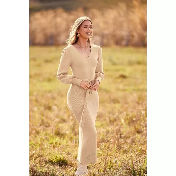imagePRETTYGARDEN Womens 2023 Fall Knit Pullover Sweater Elegant Long Lantern Sleeve V Neck Maxi DressApricot