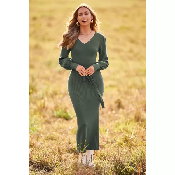 imagePRETTYGARDEN Womens 2023 Fall Knit Pullover Sweater Elegant Long Lantern Sleeve V Neck Maxi DressArmy Green
