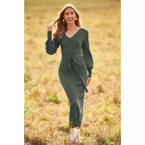 imagePRETTYGARDEN Womens 2023 Fall Knit Pullover Sweater Elegant Long Lantern Sleeve V Neck Maxi DressArmy Green