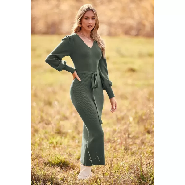 imagePRETTYGARDEN Womens 2023 Fall Knit Pullover Sweater Elegant Long Lantern Sleeve V Neck Maxi DressArmy Green