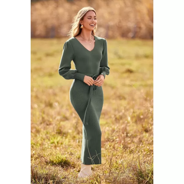 imagePRETTYGARDEN Womens 2023 Fall Knit Pullover Sweater Elegant Long Lantern Sleeve V Neck Maxi DressArmy Green
