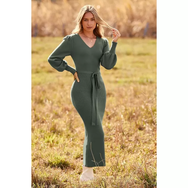imagePRETTYGARDEN Womens 2023 Fall Knit Pullover Sweater Elegant Long Lantern Sleeve V Neck Maxi DressArmy Green