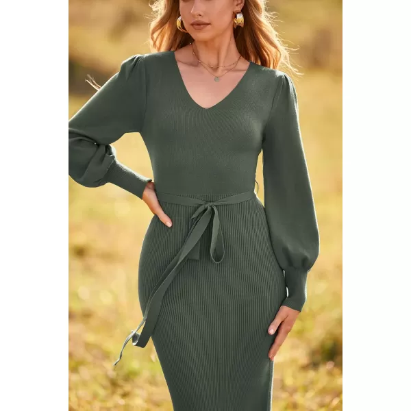 imagePRETTYGARDEN Womens 2023 Fall Knit Pullover Sweater Elegant Long Lantern Sleeve V Neck Maxi DressArmy Green