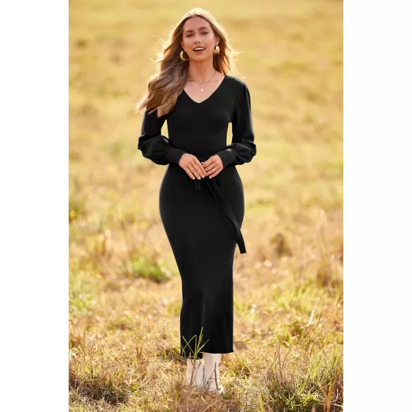 imagePRETTYGARDEN Womens 2023 Fall Knit Pullover Sweater Elegant Long Lantern Sleeve V Neck Maxi DressBlack