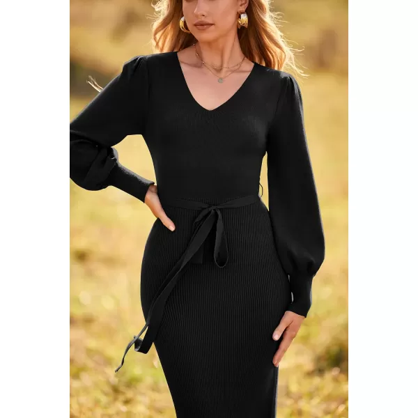 imagePRETTYGARDEN Womens 2023 Fall Knit Pullover Sweater Elegant Long Lantern Sleeve V Neck Maxi DressBlack