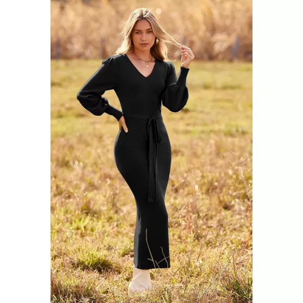 imagePRETTYGARDEN Womens 2023 Fall Knit Pullover Sweater Elegant Long Lantern Sleeve V Neck Maxi DressBlack