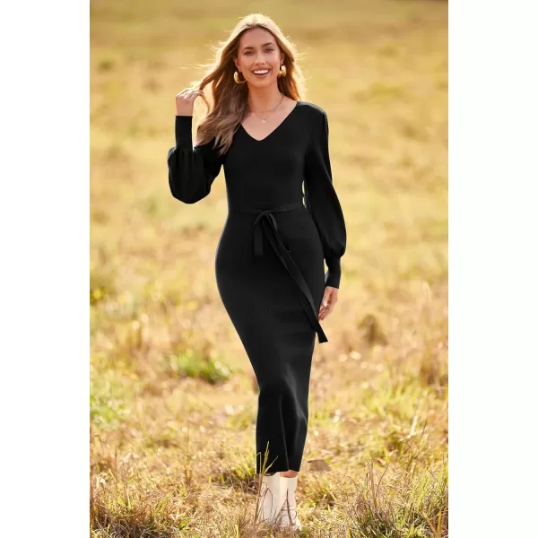 imagePRETTYGARDEN Womens 2023 Fall Knit Pullover Sweater Elegant Long Lantern Sleeve V Neck Maxi DressBlack
