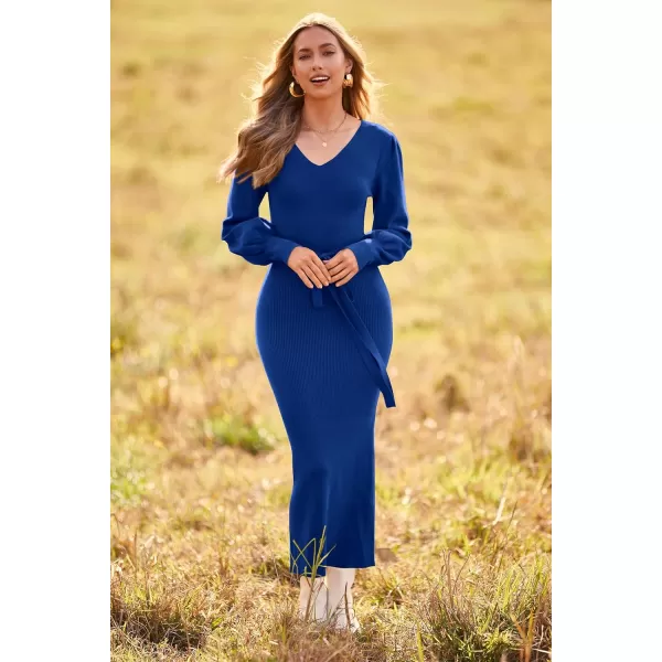 imagePRETTYGARDEN Womens 2023 Fall Knit Pullover Sweater Elegant Long Lantern Sleeve V Neck Maxi DressBlue